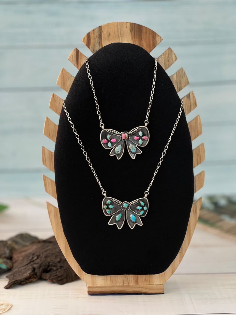Handmade Sterling Silver Kingman Turquoise and Cotton Candy Bow Necklace Signed Nizhoni