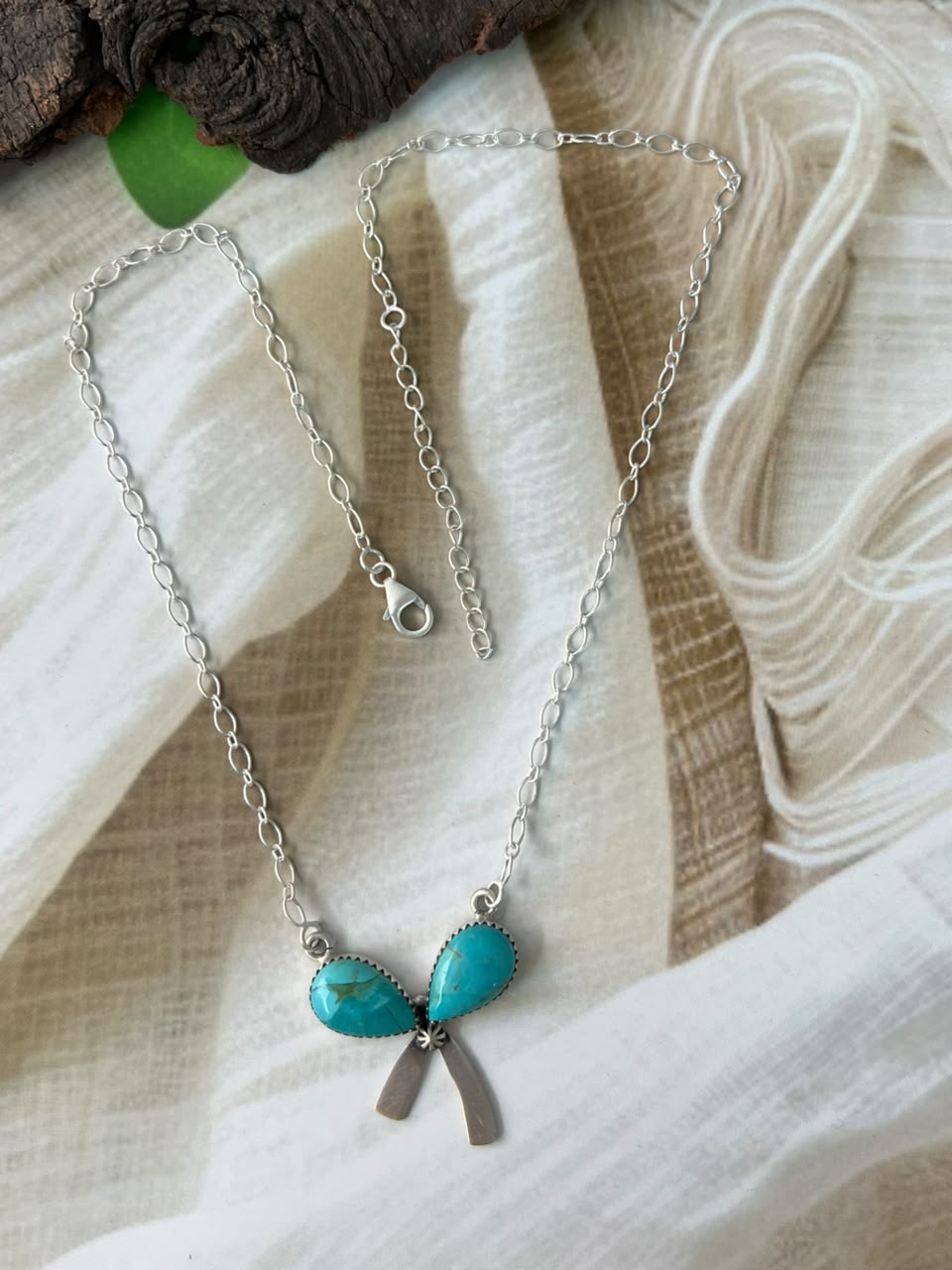 Handmade Sterling Silver Kingman Turquoise Bow Necklace Signed Nizhoni