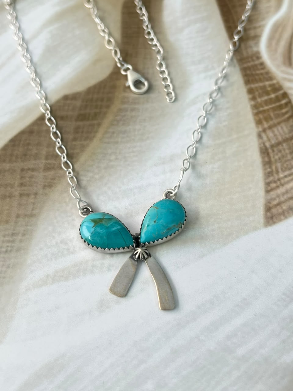 Handmade Sterling Silver Kingman Turquoise Bow Necklace Signed Nizhoni