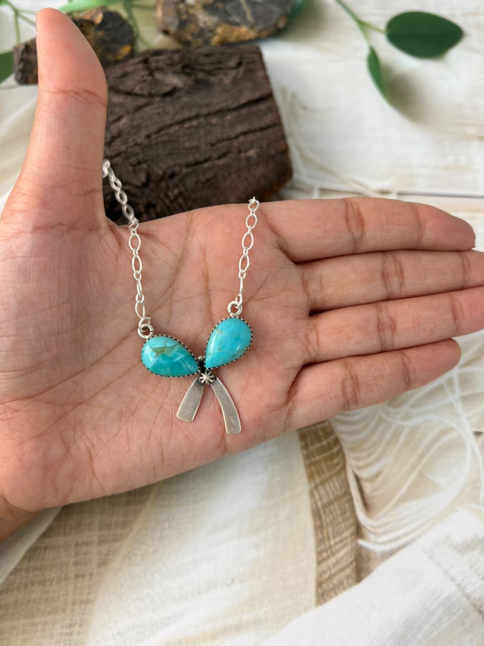 Handmade Sterling Silver Kingman Turquoise Bow Necklace Signed Nizhoni