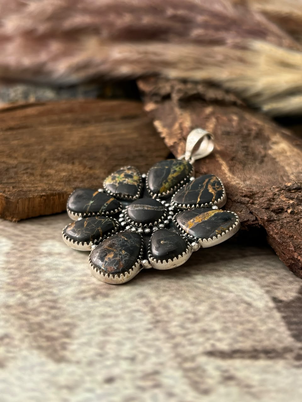 Handmade Sterling Silver Blackjack Turquoise Pendant Signed Nizhoni