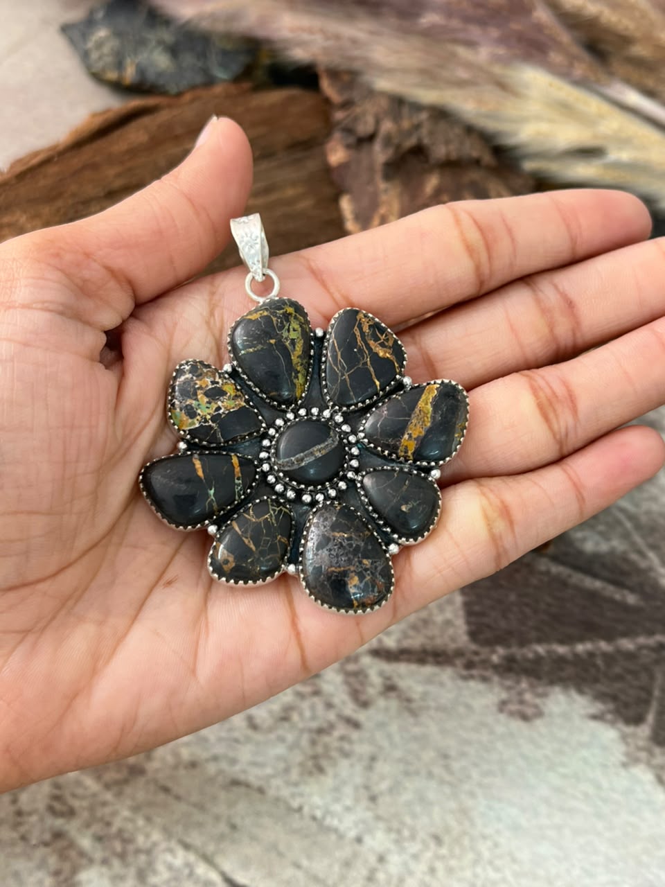Handmade Sterling Silver Blackjack Turquoise Pendant Signed Nizhoni