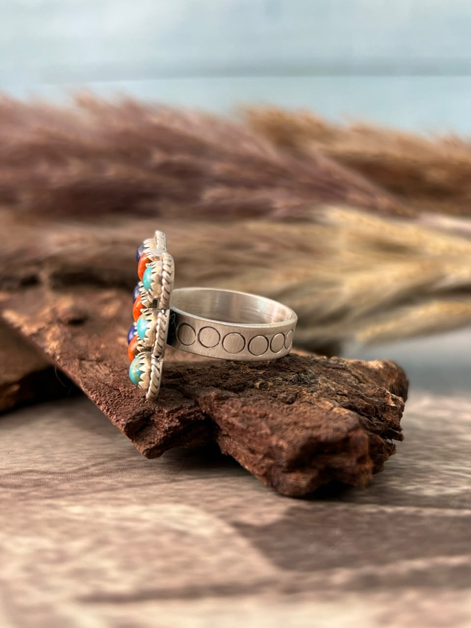 Handmade Sterling Silver Kingman Turquoise with Orange Mojave and Lapis Adjustable Ring Signed Nizhoni