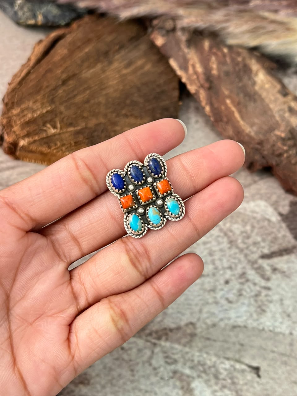 Handmade Sterling Silver Kingman Turquoise with Orange Mojave and Lapis Adjustable Ring Signed Nizhoni