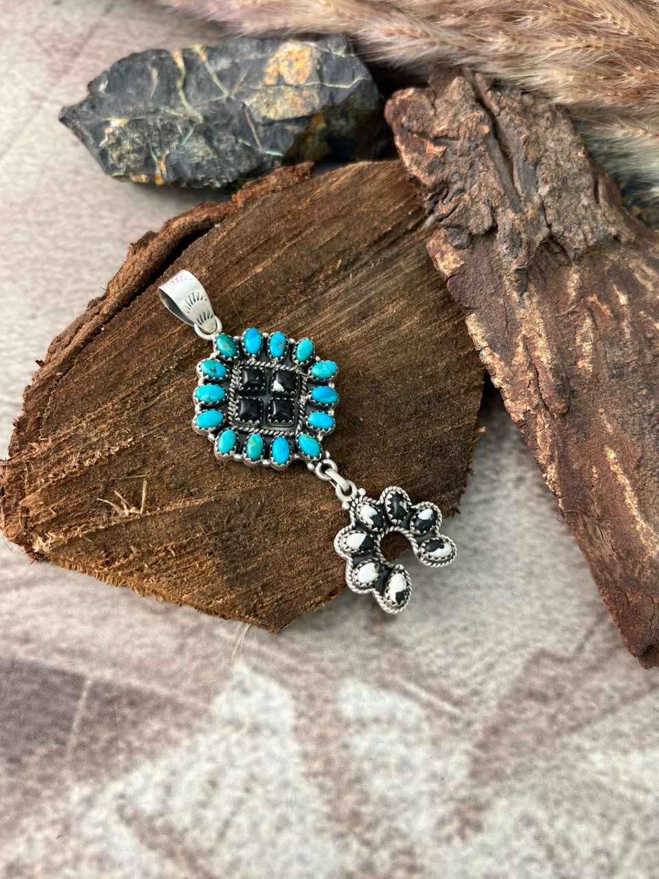 Handmade Sterling Silver Kingman Turquoise with White Buffalo Naja Pendant Signed Nizhoni