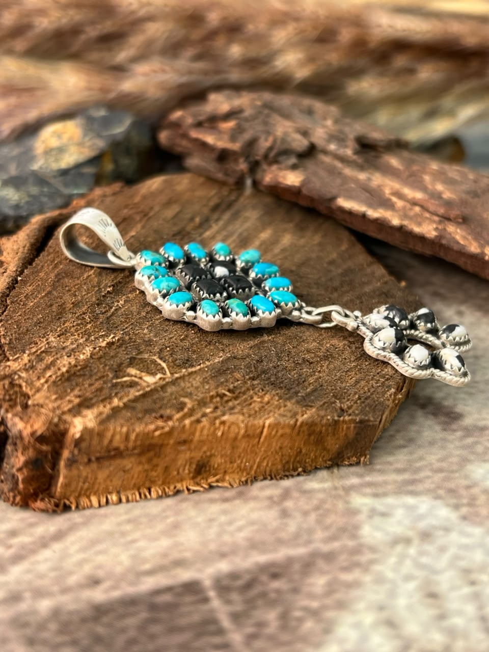 Handmade Sterling Silver Kingman Turquoise with White Buffalo Naja Pendant Signed Nizhoni