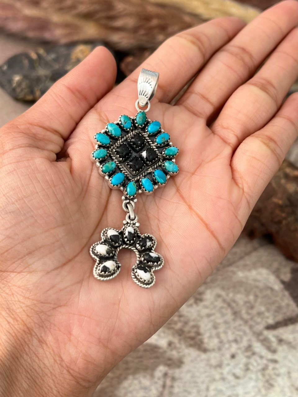 Handmade Sterling Silver Kingman Turquoise with White Buffalo Naja Pendant Signed Nizhoni