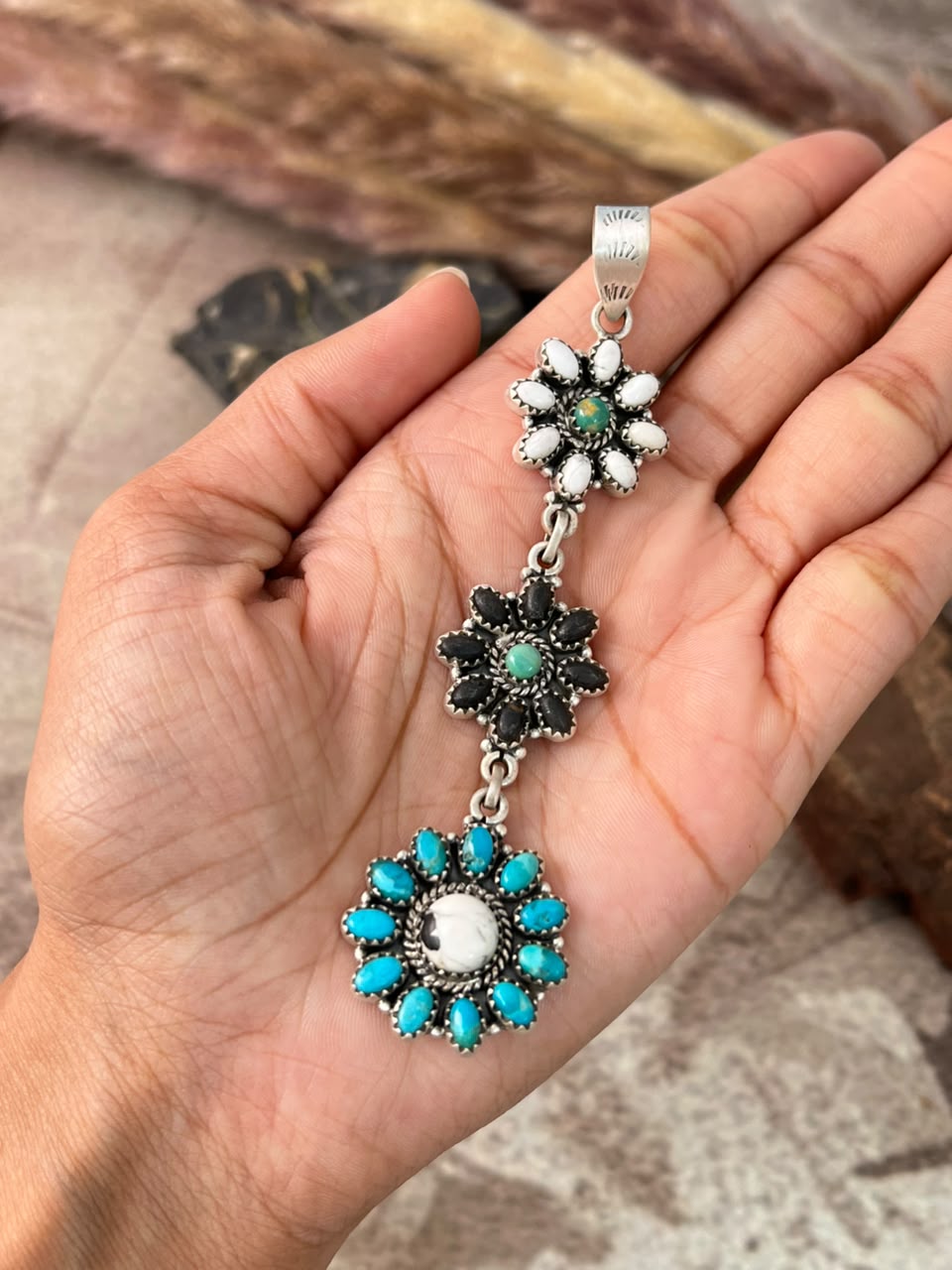 Handmade Sterling Silver Kingman Turquoise with White Buffalo Pendant Signed Nizhoni