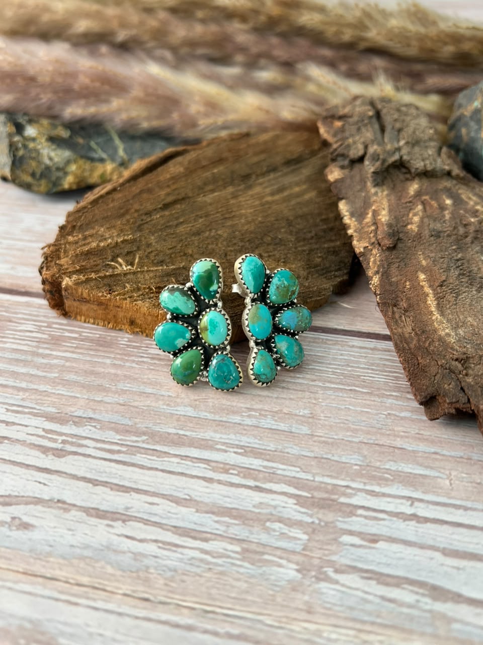 Handmade Sterling Silver Kingman Turquoise Post Studs Earrings Signed Nizhoni