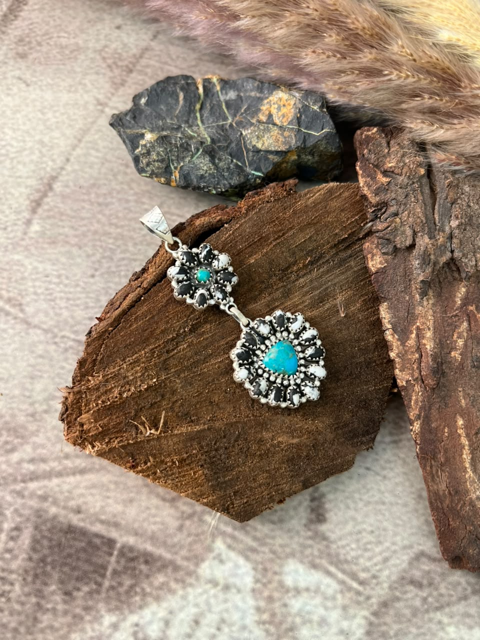 Handmade Sterling Silver Kingman Turquoise with White Buffalo Pendant Signed Nizhoni