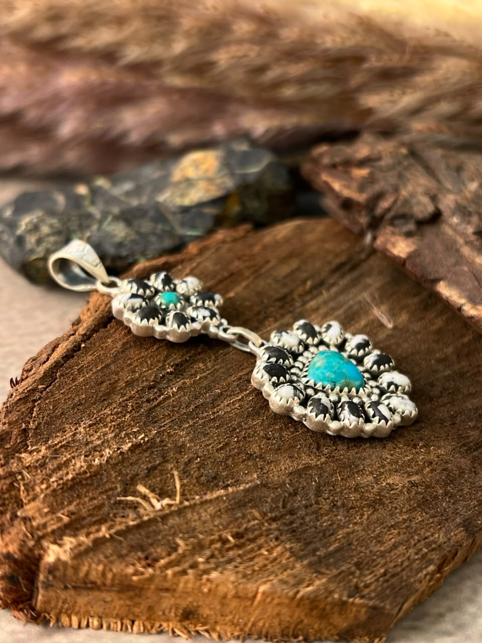 Handmade Sterling Silver Kingman Turquoise with White Buffalo Pendant Signed Nizhoni