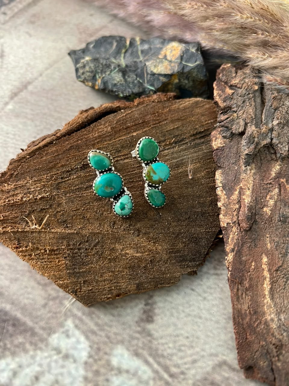 Handmade Sterling Silver Kingman Turquoise Post Studs Earrings Signed Nizhoni