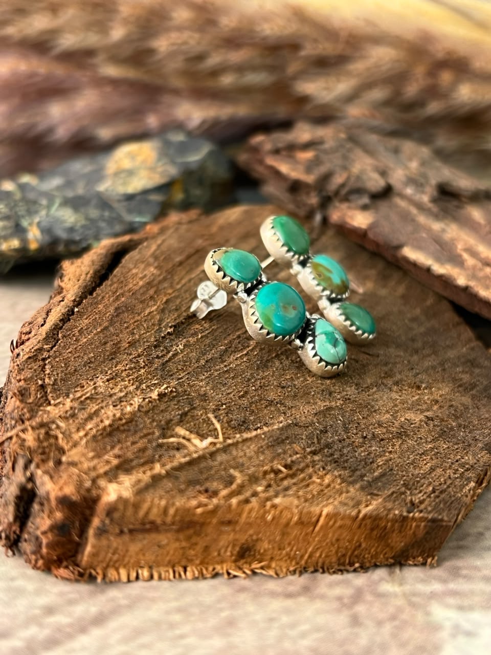 Handmade Sterling Silver Kingman Turquoise Post Studs Earrings Signed Nizhoni
