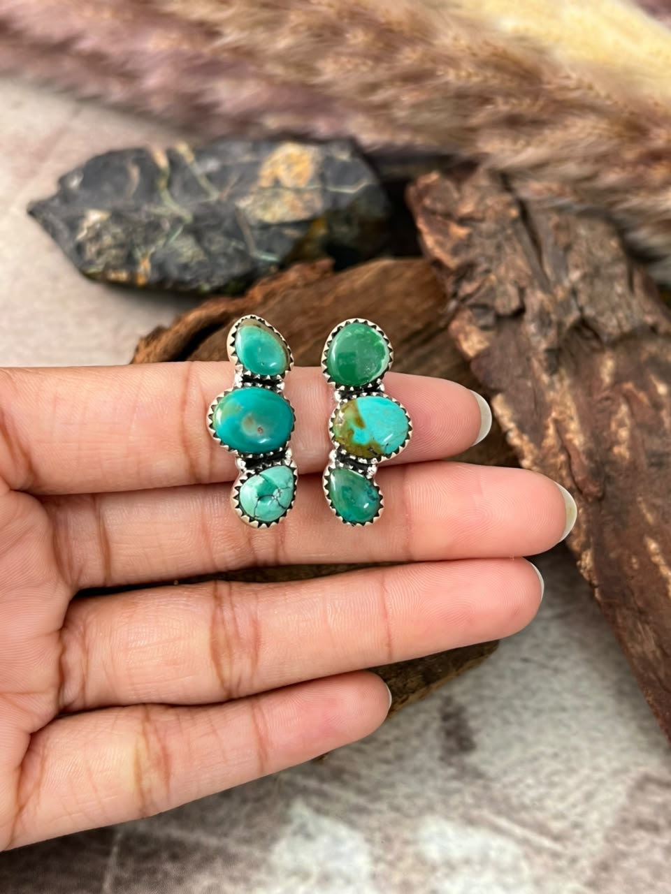 Handmade Sterling Silver Kingman Turquoise Post Studs Earrings Signed Nizhoni
