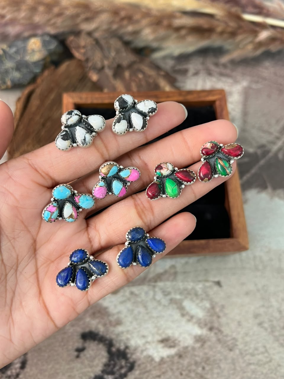 Handmade Sterling Silver Lapis, White Buffalo, Cotton Candy and Christmas Dahlia Mini Backroads Post Earrings  Signed Nizhoni