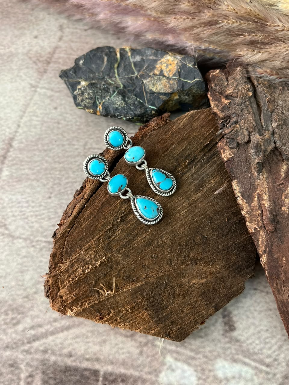 Handmade Sterling Silver Egyptian Turquoise Post Dangle Earrings Signed Nizhoni