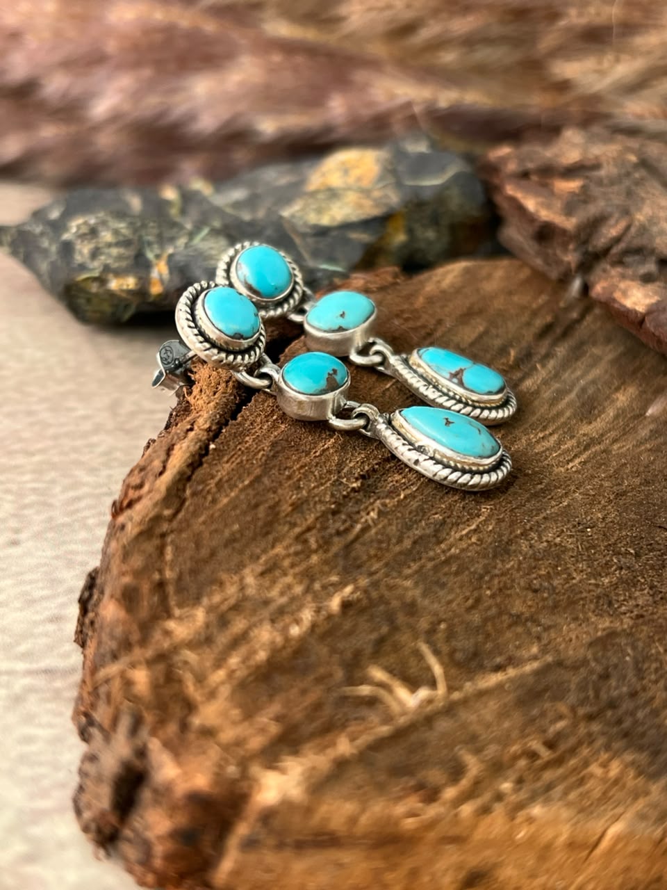 Handmade Sterling Silver Egyptian Turquoise Post Dangle Earrings Signed Nizhoni