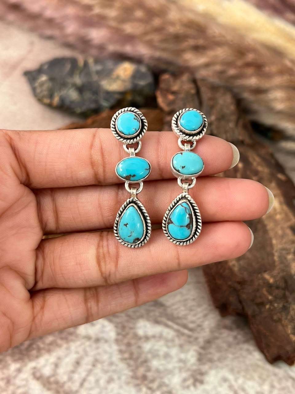 Handmade Sterling Silver Egyptian Turquoise Post Dangle Earrings Signed Nizhoni