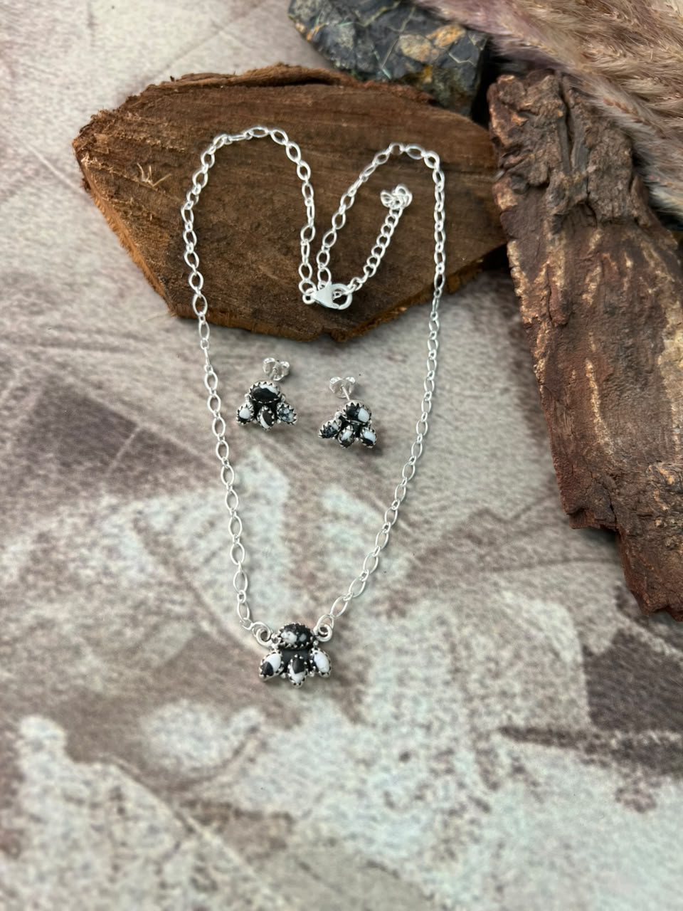Handmade Sterling Silver White Buffalo Necklace and Earrings Set Signed Nizhoni