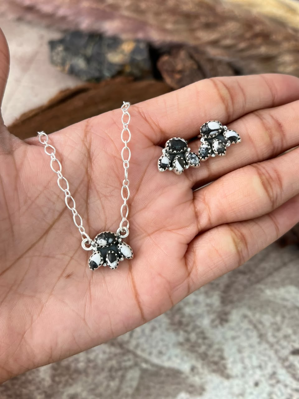 Handmade Sterling Silver White Buffalo Necklace and Earrings Set Signed Nizhoni
