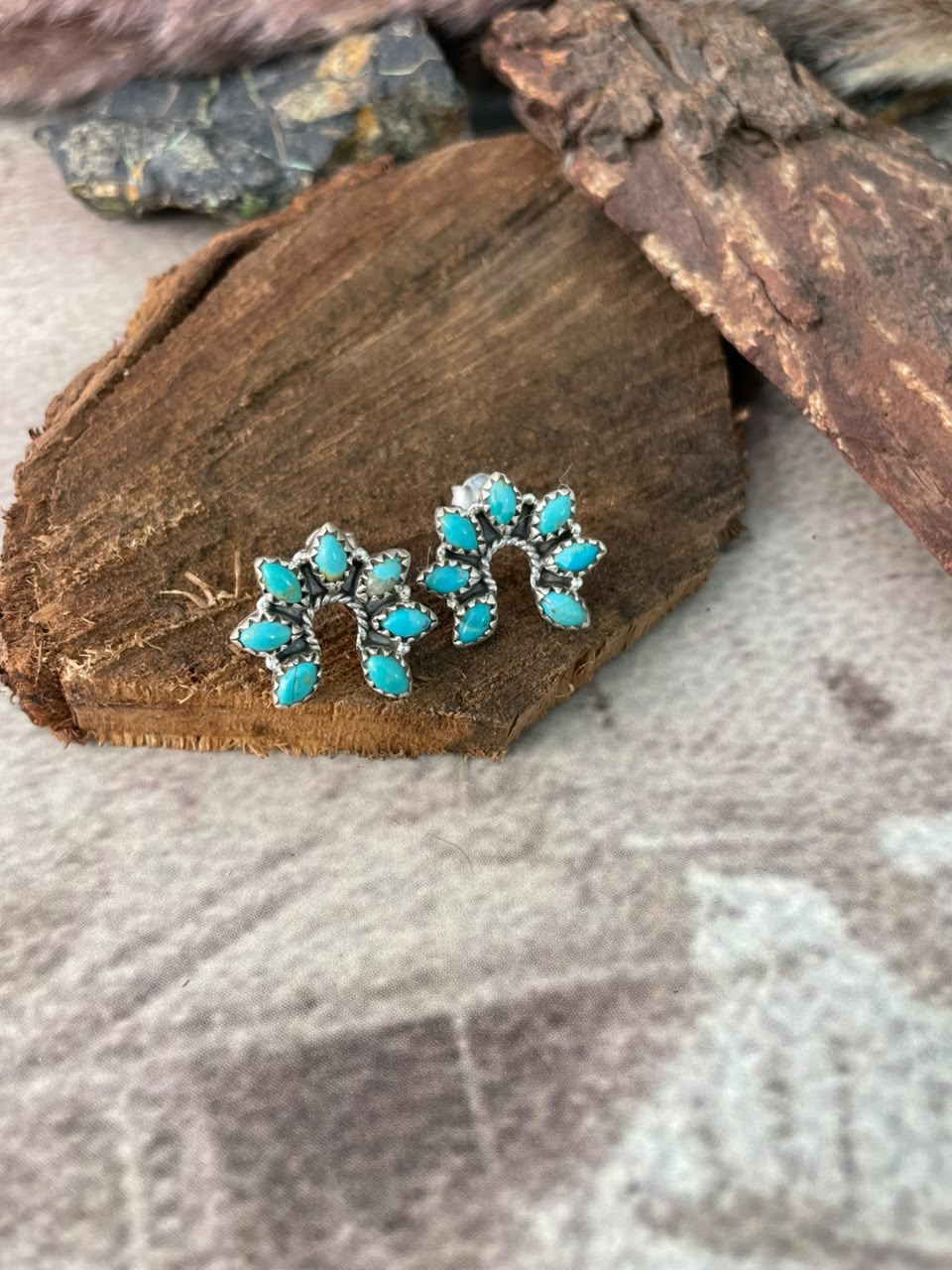 Handmade Sterling Silver Kingman Turquoise Post Studs Naja Earrings Signed Nizhoni