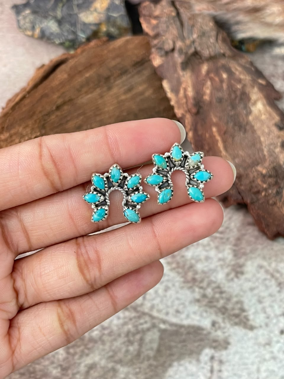Handmade Sterling Silver Kingman Turquoise Post Studs Naja Earrings Signed Nizhoni