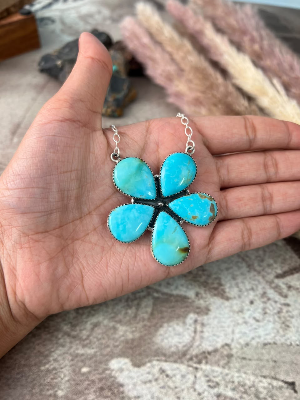 Handmade Sterling Silver Easter Blue Turquoise Necklace Signed Nizhoni