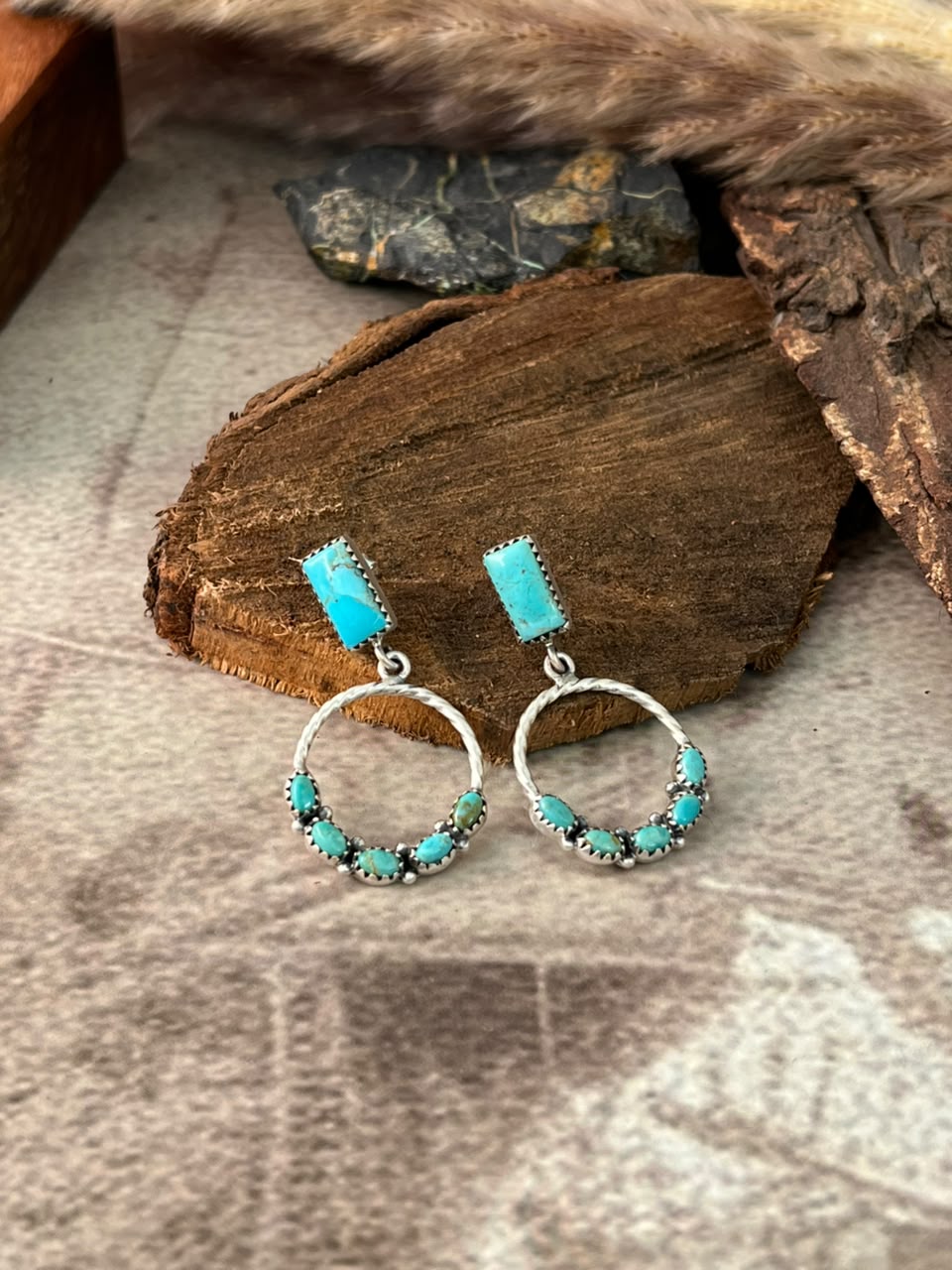 Handmade Sterling Silver Kingman Turquoise Post Dangle Earrings Signed Nizhoni
