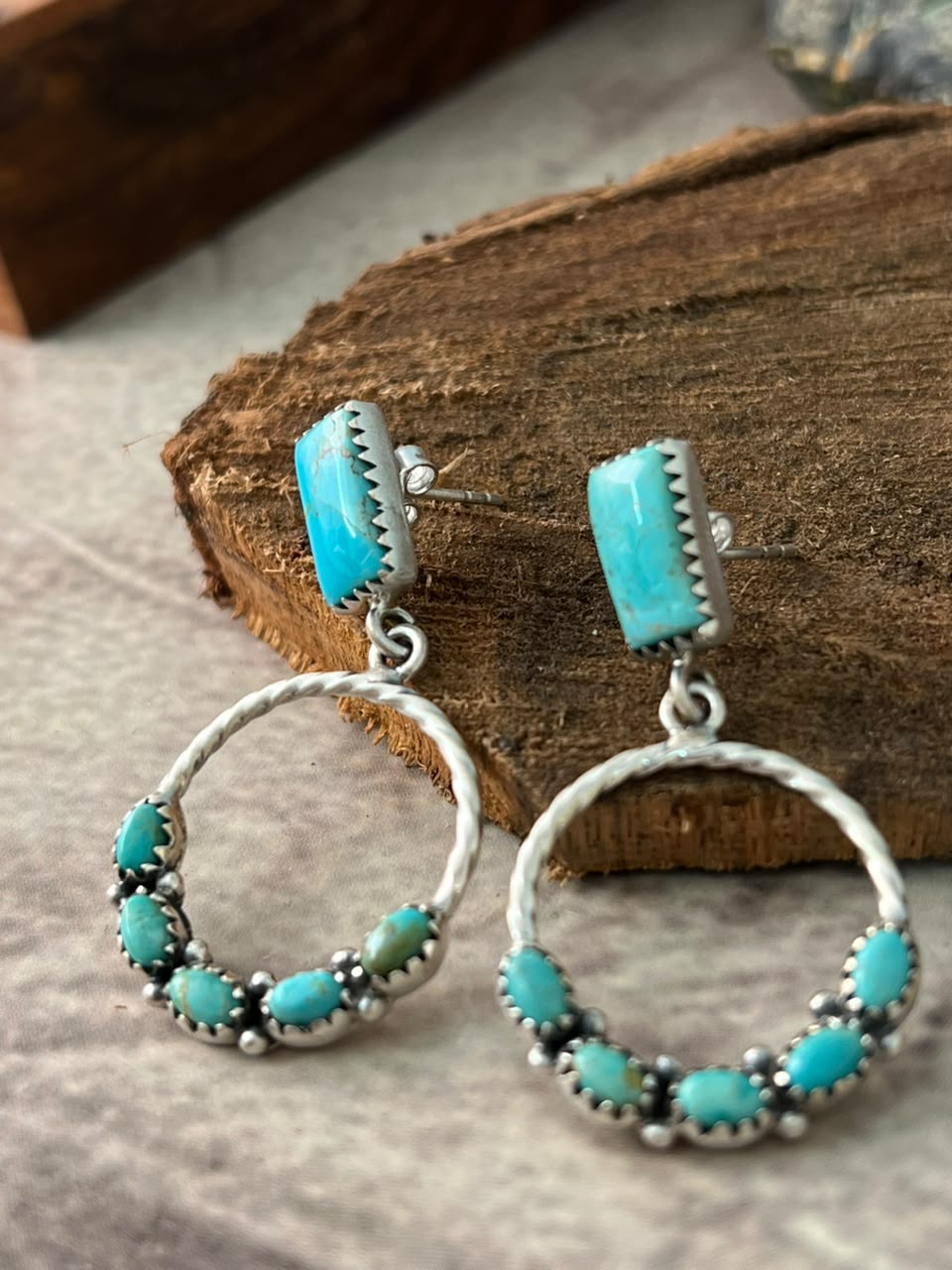 Handmade Sterling Silver Kingman Turquoise Post Dangle Earrings Signed Nizhoni