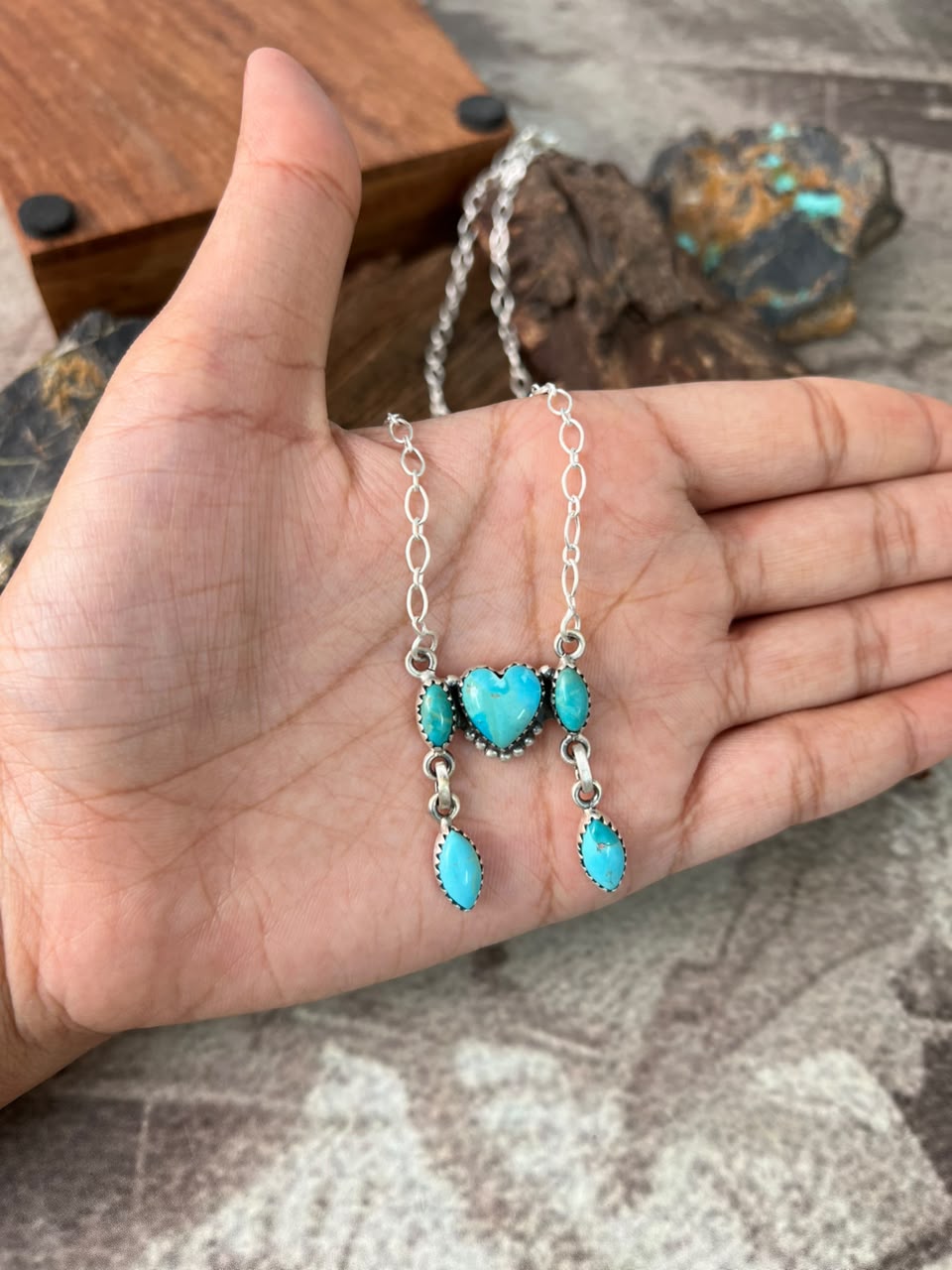 Handmade Sterling Silver Kingman Turquoise Heart Necklace Signed Nizhoni