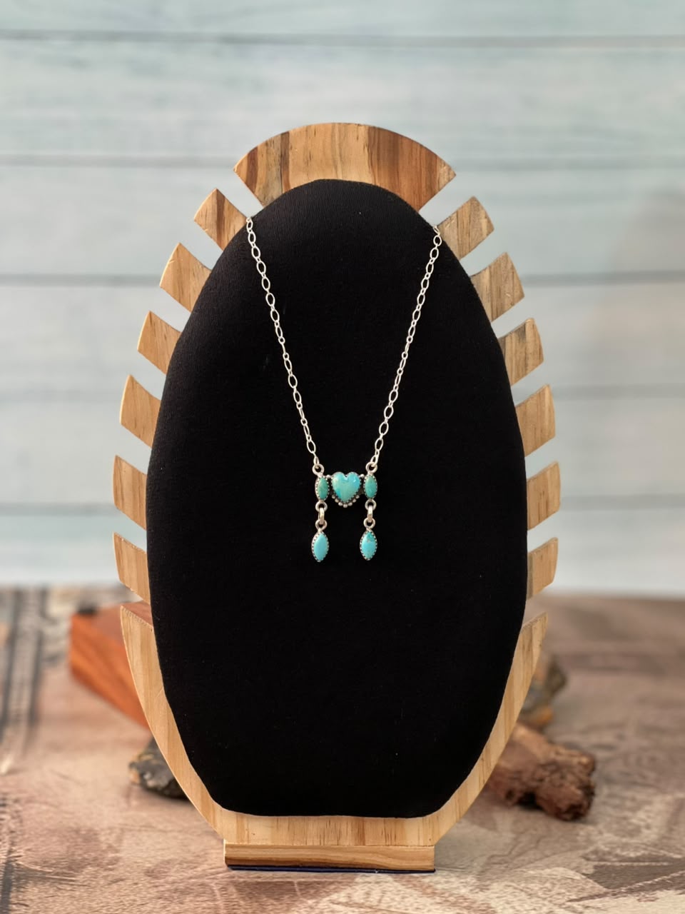 Handmade Sterling Silver Kingman Turquoise Heart Necklace Signed Nizhoni