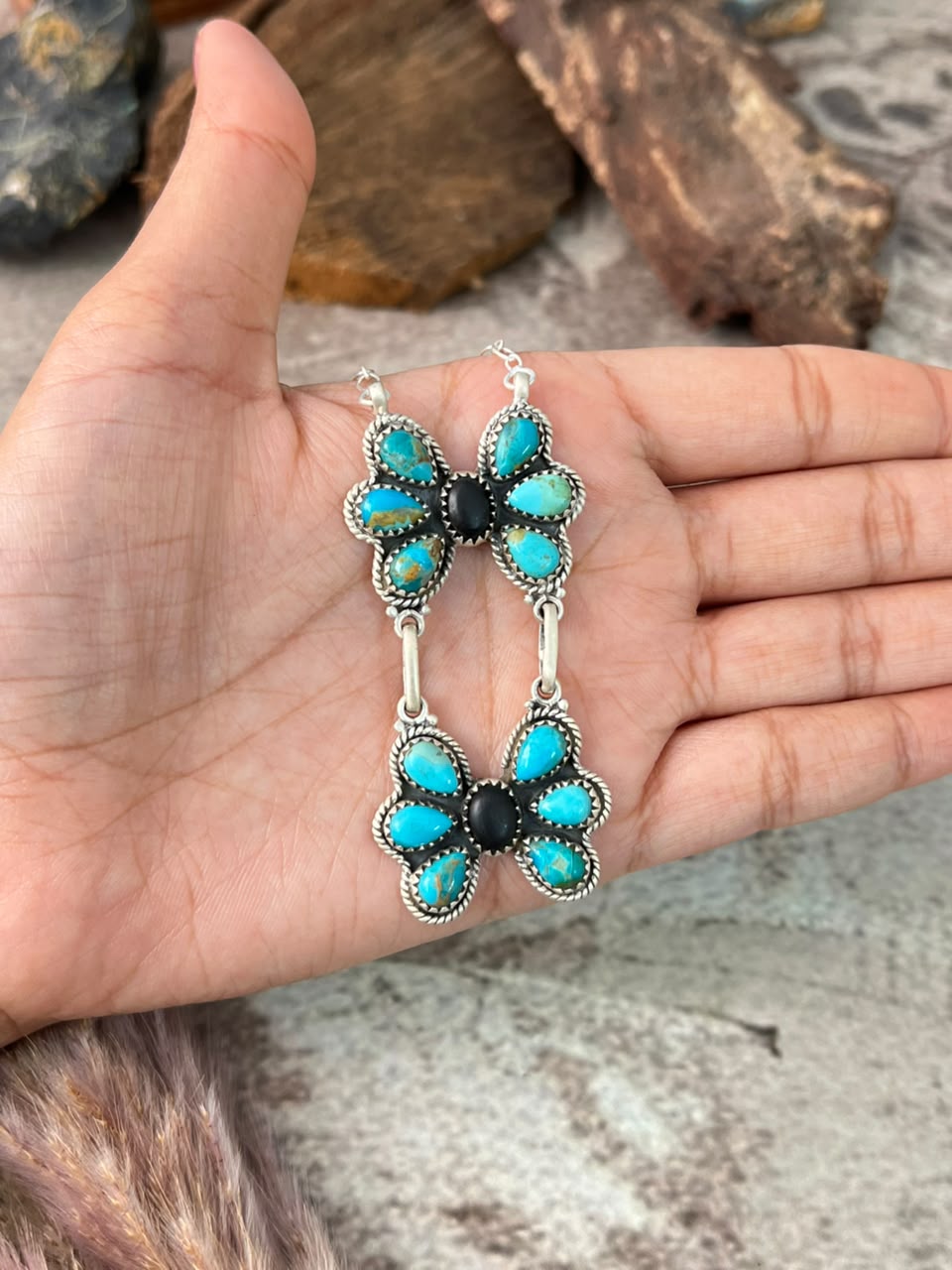Handmade Sterling Silver Kingman Turquoise and White Buffalo Necklace Signed Nizhoni