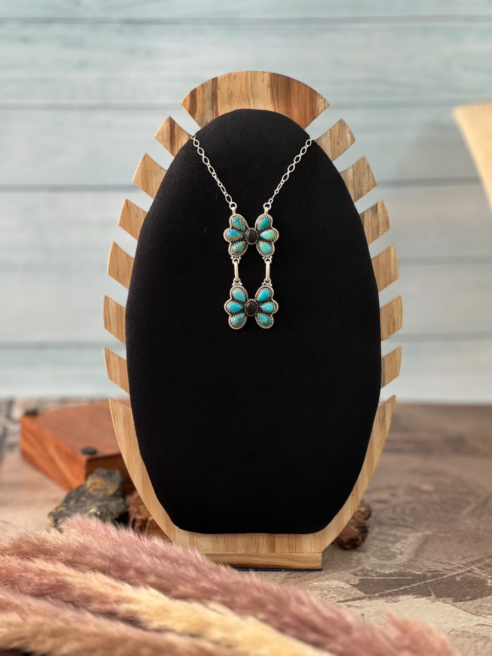 Handmade Sterling Silver Kingman Turquoise and White Buffalo Necklace Signed Nizhoni