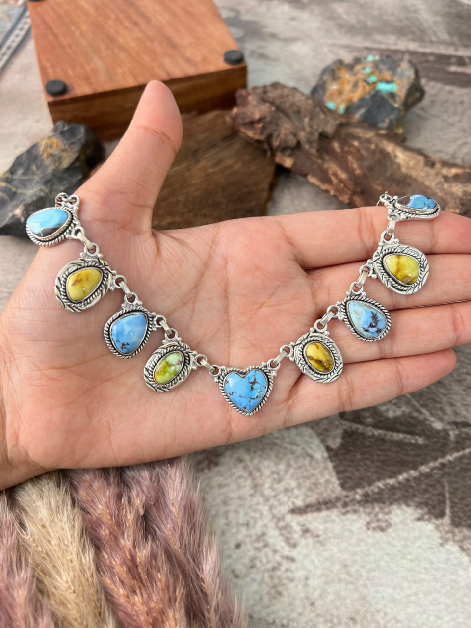 Handmade Sterling Silver Palomino with Golden Hills Turquoise Necklace Signed Nizhoni
