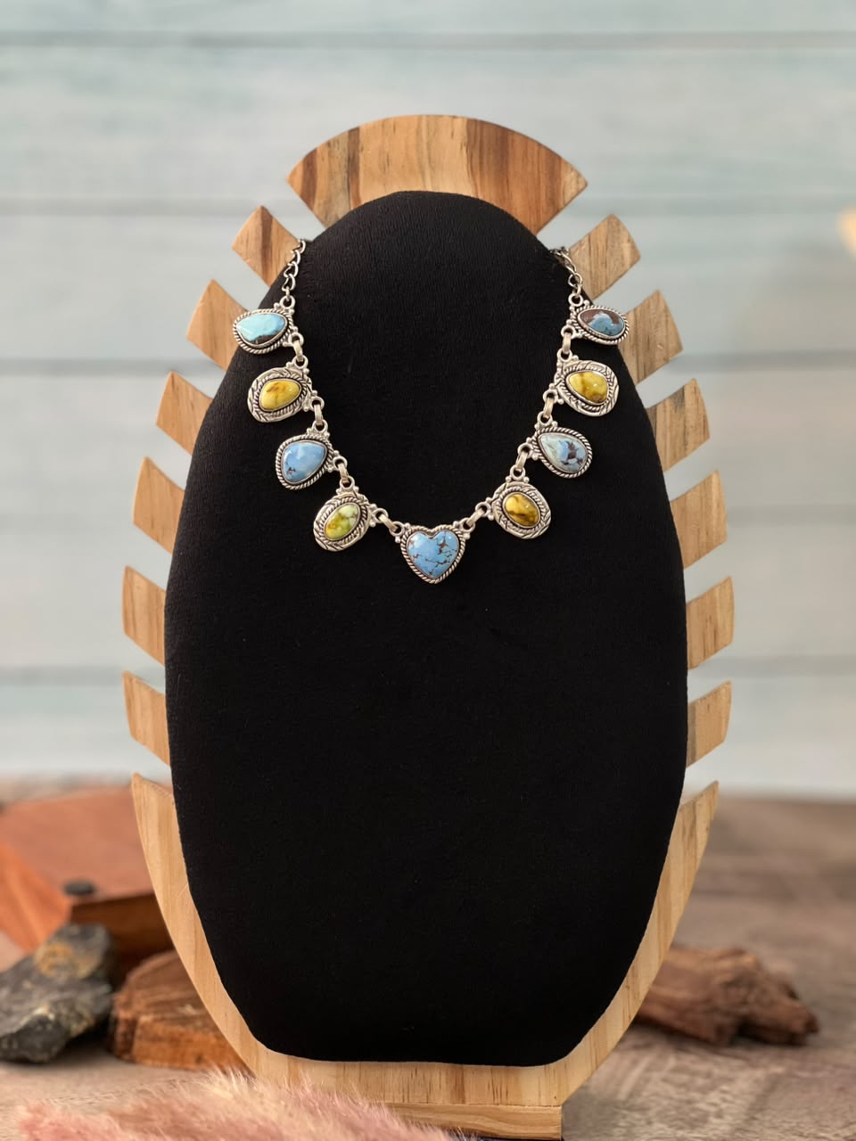 Handmade Sterling Silver Palomino with Golden Hills Turquoise Necklace Signed Nizhoni