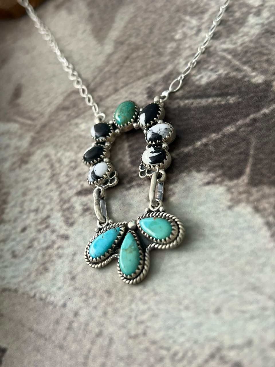 Handmade Sterling Silver Kingman Turquoise and White Buffalo Necklace Signed Nizhoni