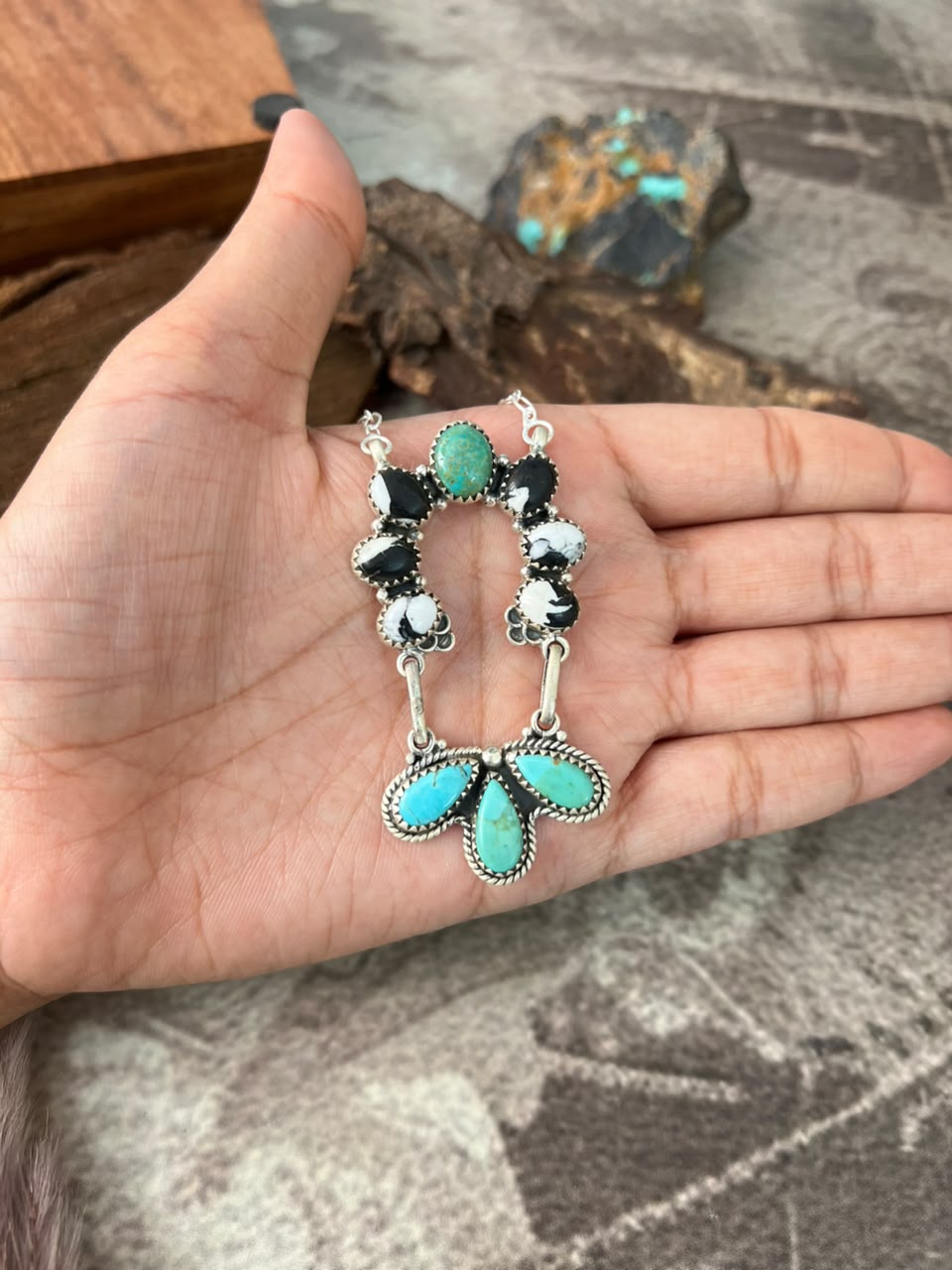 Handmade Sterling Silver Kingman Turquoise and White Buffalo Necklace Signed Nizhoni