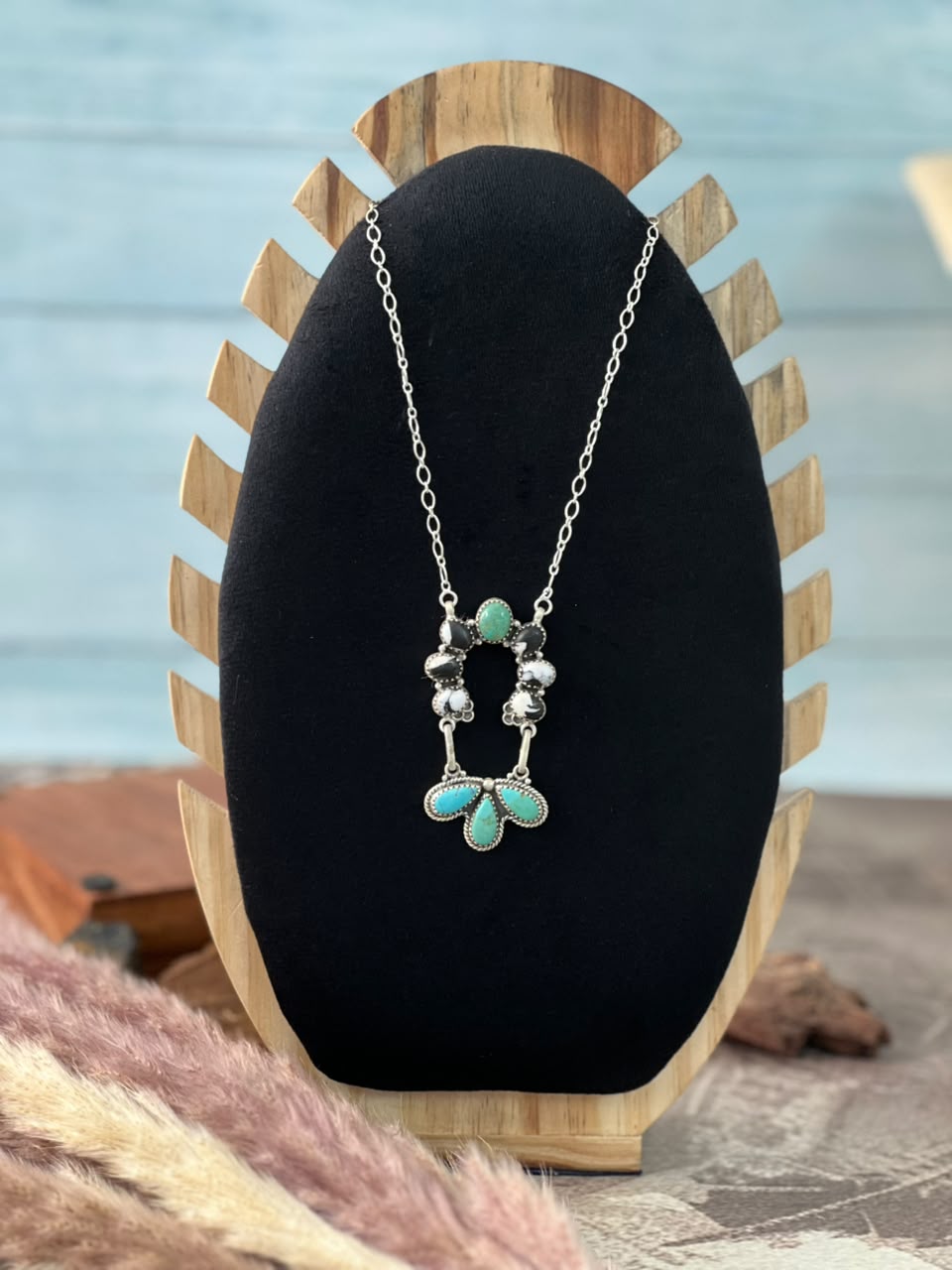 Handmade Sterling Silver Kingman Turquoise and White Buffalo Necklace Signed Nizhoni
