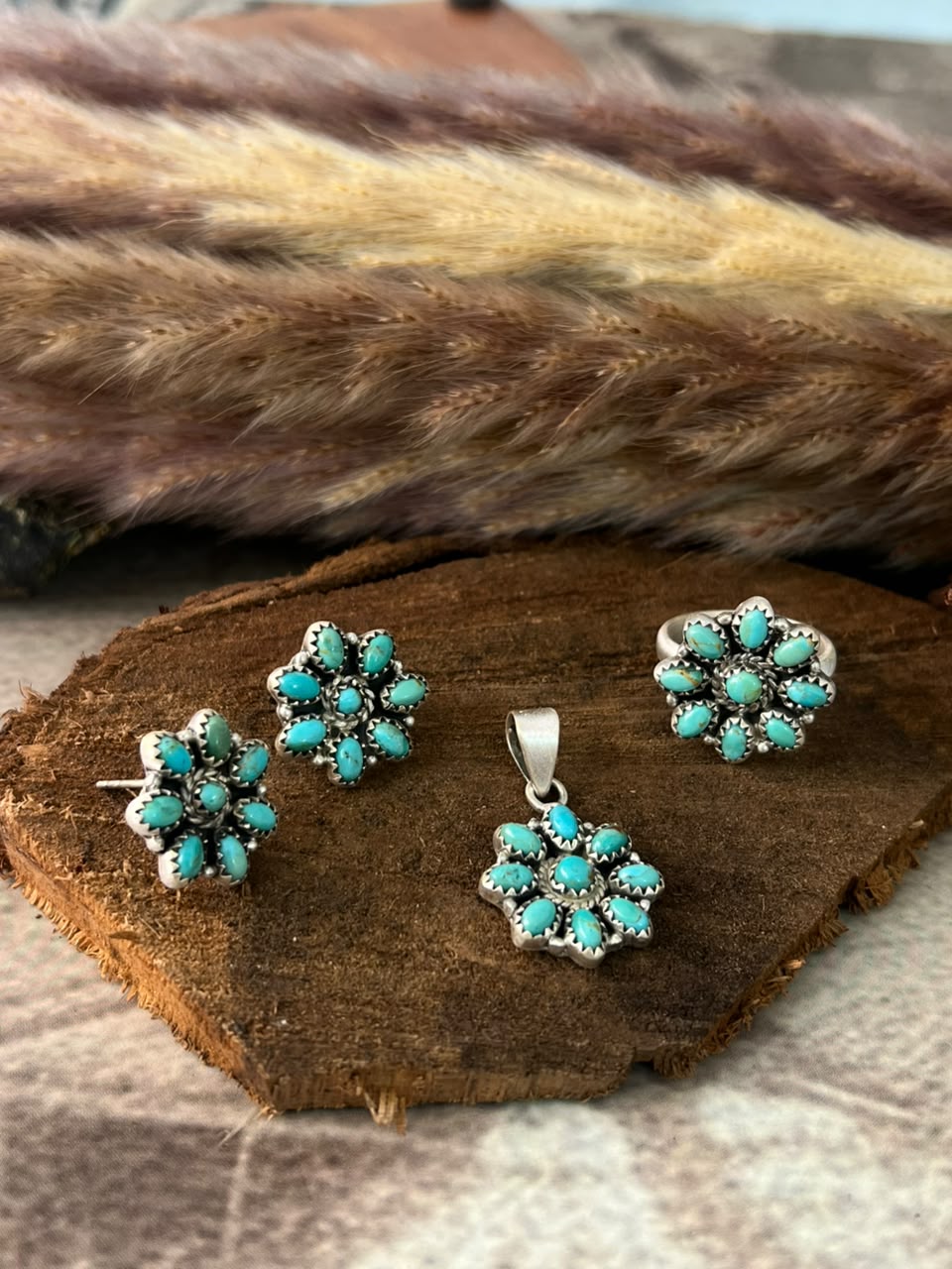 Handmade Sterling Silver Kingman Turquoise Pendant Ring and Earrings Set Signed Nizhoni
