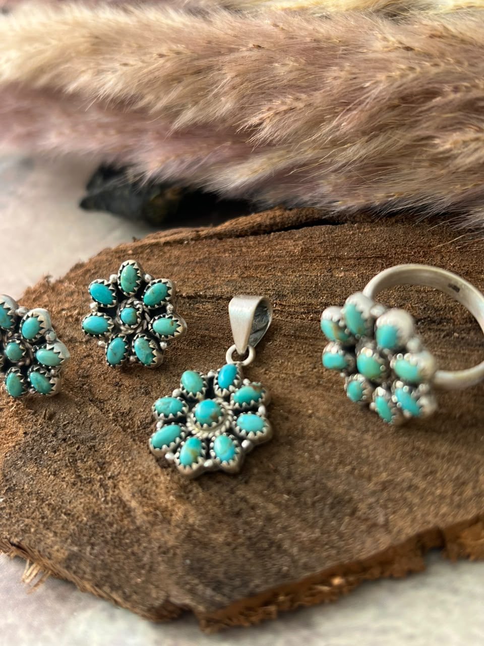 Handmade Sterling Silver Kingman Turquoise Pendant Ring and Earrings Set Signed Nizhoni