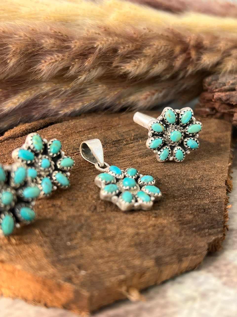 Handmade Sterling Silver Kingman Turquoise Pendant Ring and Earrings Set Signed Nizhoni