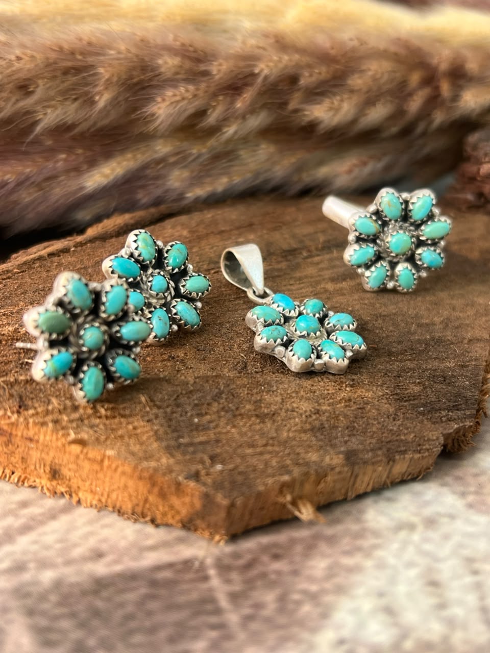 Handmade Sterling Silver Kingman Turquoise Pendant Ring and Earrings Set Signed Nizhoni