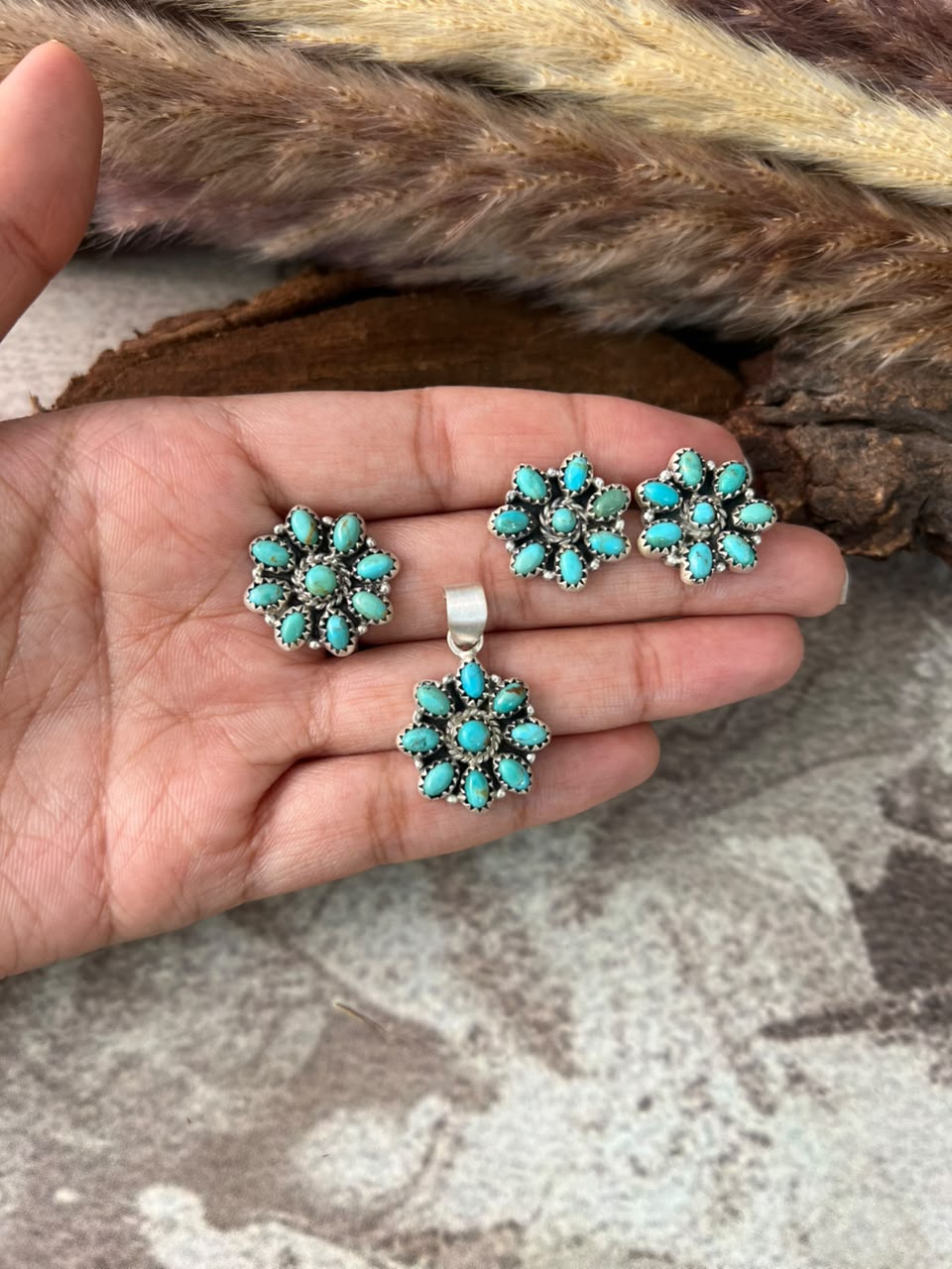 Handmade Sterling Silver Kingman Turquoise Pendant Ring and Earrings Set Signed Nizhoni