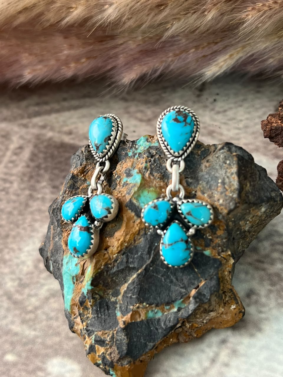 Handmade Sterling Silver Egyptian Turquoise Post Dangle Earrings Signed Nizhoni