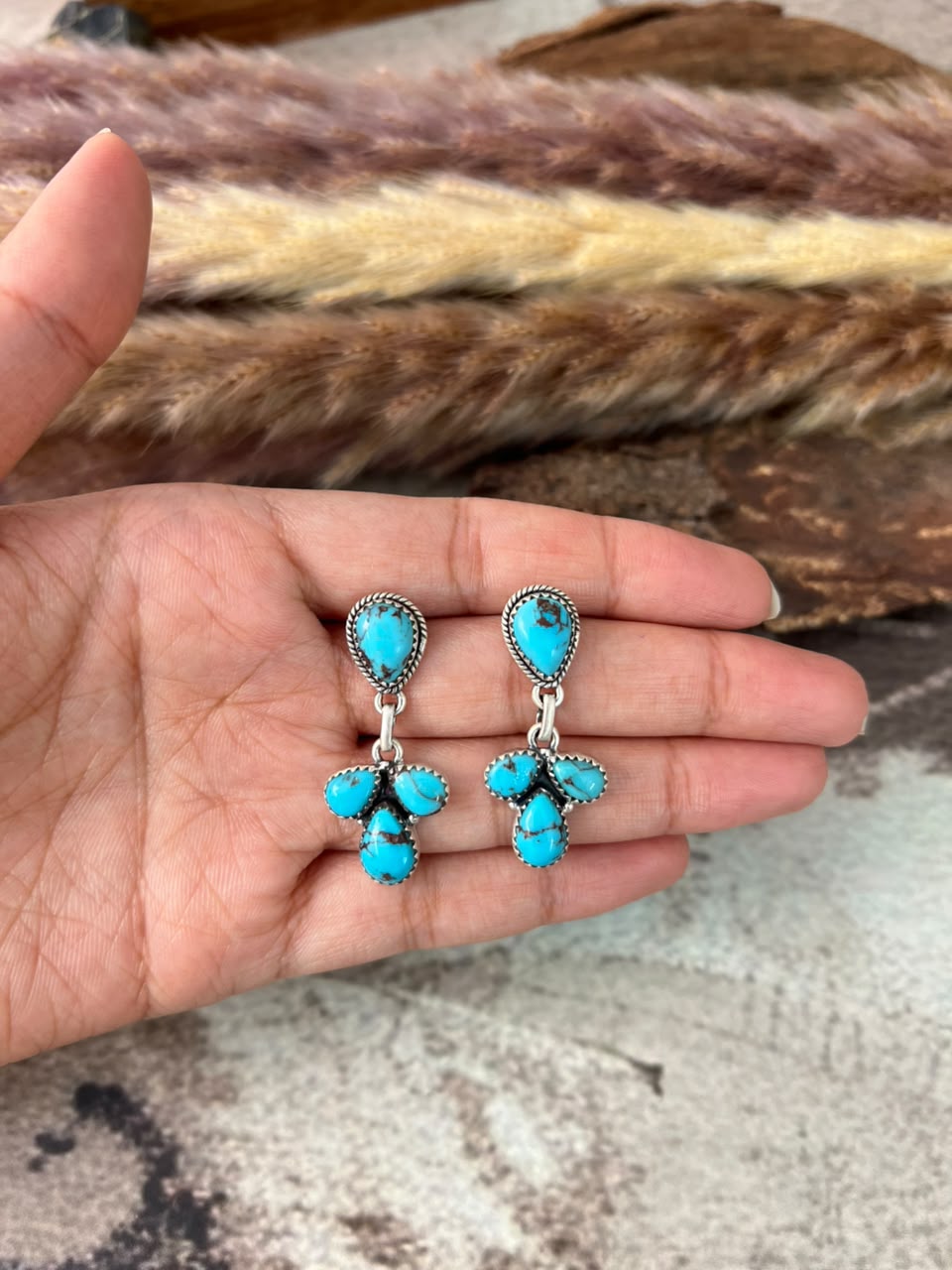 Handmade Sterling Silver Egyptian Turquoise Post Dangle Earrings Signed Nizhoni