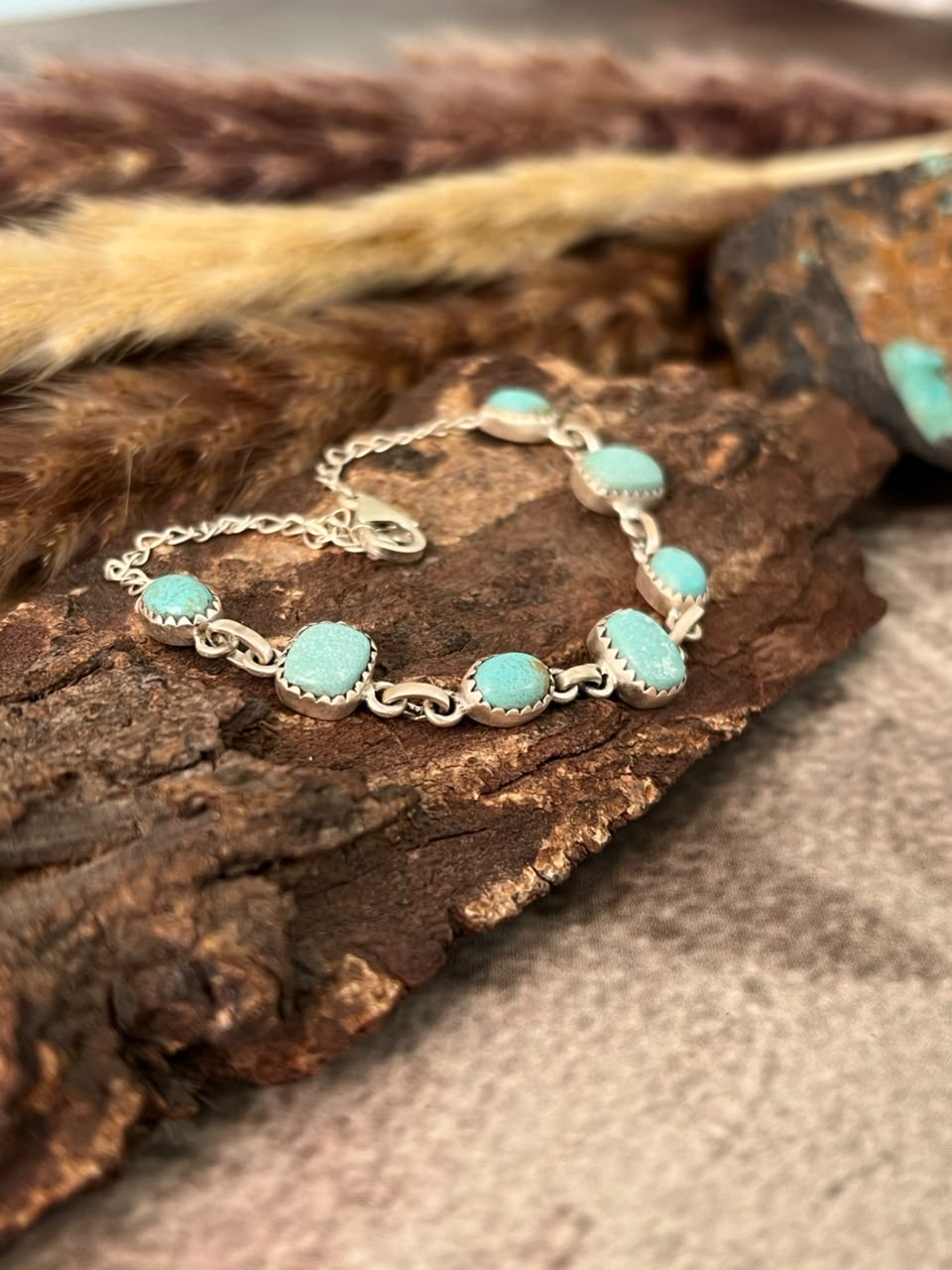Handmade Sterling Silver Number 8 Turquoise Collection: Chain Bracelet Signed Nizhoni