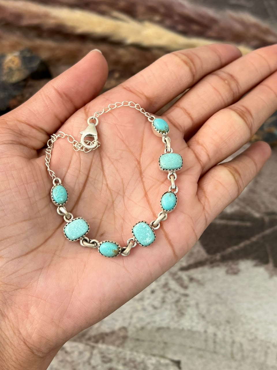 Handmade Sterling Silver Number 8 Turquoise Collection: Chain Bracelet Signed Nizhoni