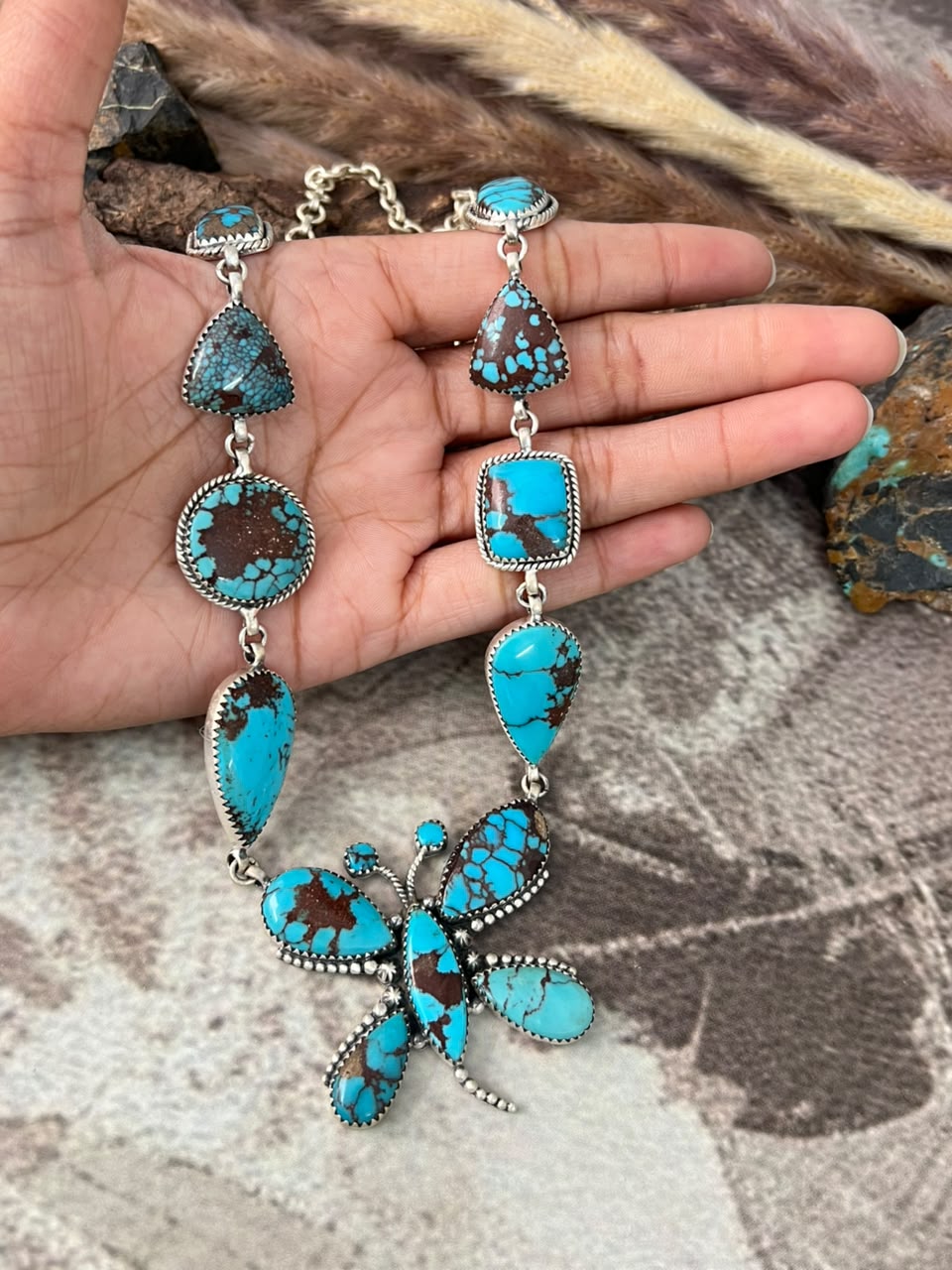 Handmade Sterling Silver Egyptian Turquoise Butterfly Necklace Signed Nizhoni