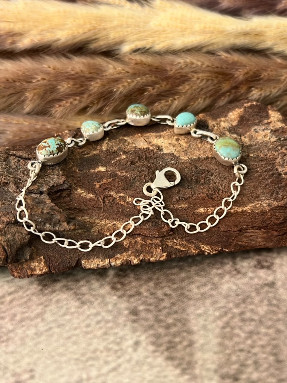 Handmade Sterling Silver Number 8 Turquoise Collection: Chain Bracelet Signed Nizhoni