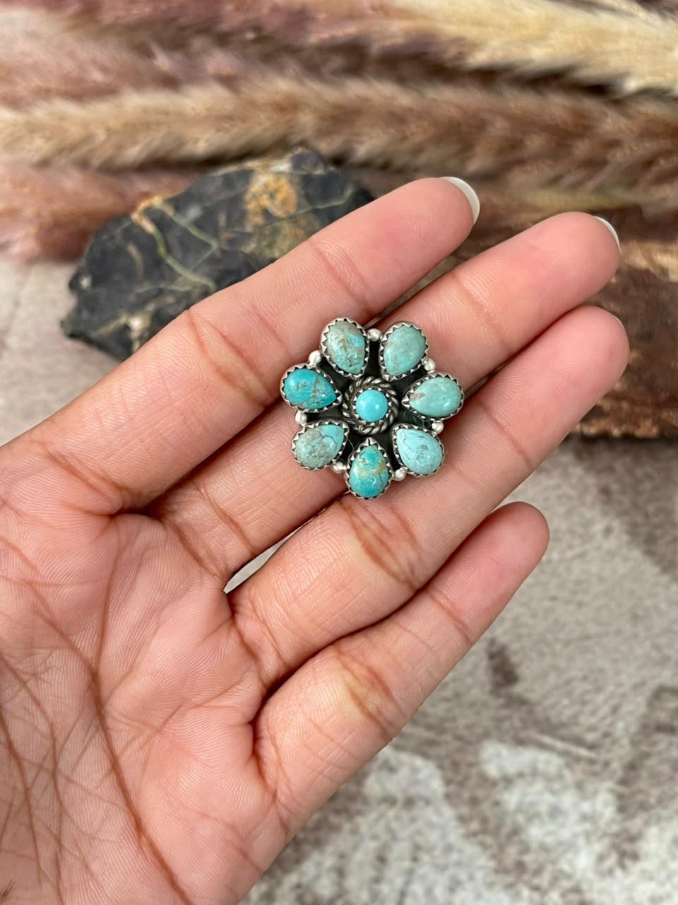 Handmade Sterling Silver Number 8 Turquoise Collection: Adjustable Ring Signed Nizhoni